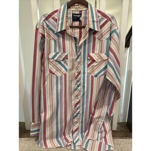 Vintage Wrangler Western Shirt 17-36 Multicolor Stripe‎ Button Up Long Sleeve